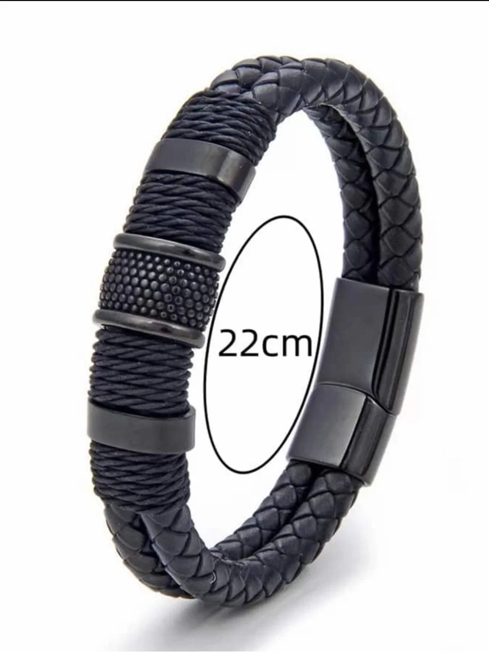 Men's Black Braided Leather Bracelet with Textured Gunmetal Accents